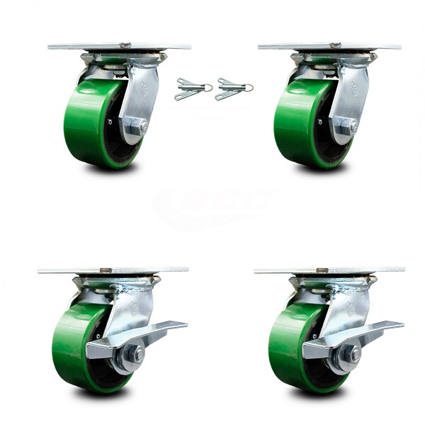 4 Inch Green Poly on Cast Iron Swivel Caster Swivel Locks 2 Brakes SCC, 2PK
